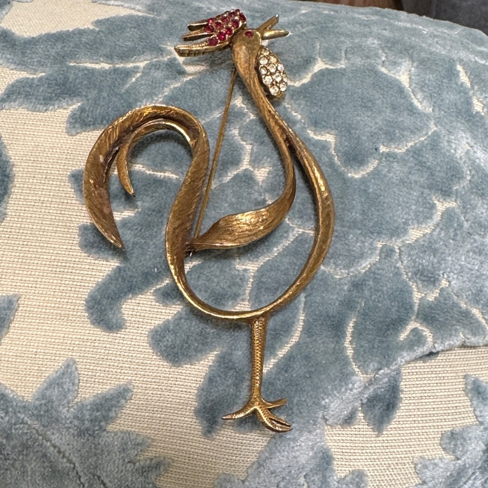 Gold Rooster Brooch with Red and White Accents